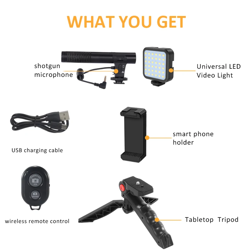 Vlog kit: table tripod, phone holder & microphone