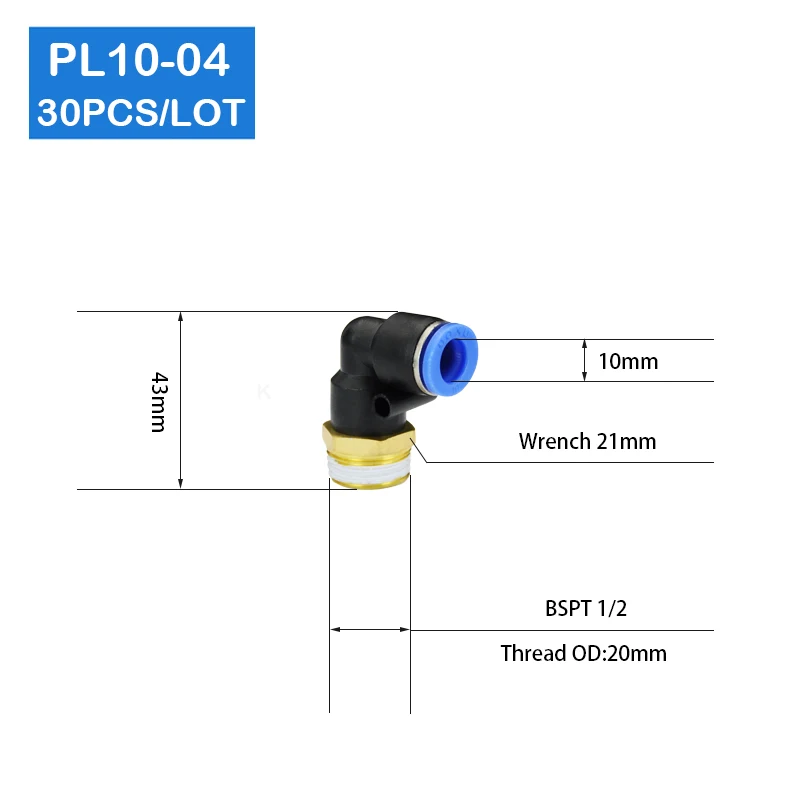 30 Pcs of PL10-04 Free shipping, L Shaped PT 1/2" Male Threaded to 10mm Tubing Pneumatic Quick Fitting