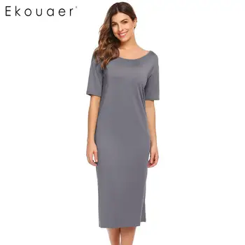 

Ekouaer Simple Long Dresses Women Casual O-Neck Short Sleeve Solid Package Hip Straight Dress 4 Colors S-XXL Sizes