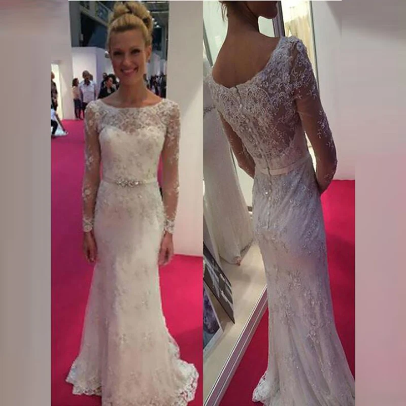 

Modern Slim Mermaid Lace Long Sleeve Bridal Wedding Dresses Bateau Neck Beaded Buttons Back Wedding Gowns for Bride Appliqued