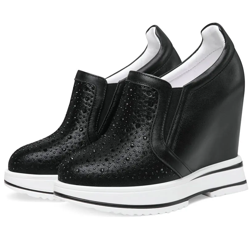Trainers Shoes Women Genuine Leather Wedges Platform Ankle Boots Round Toe High Heel Rhinestones Pumps Punk Goth Creepers Shoes