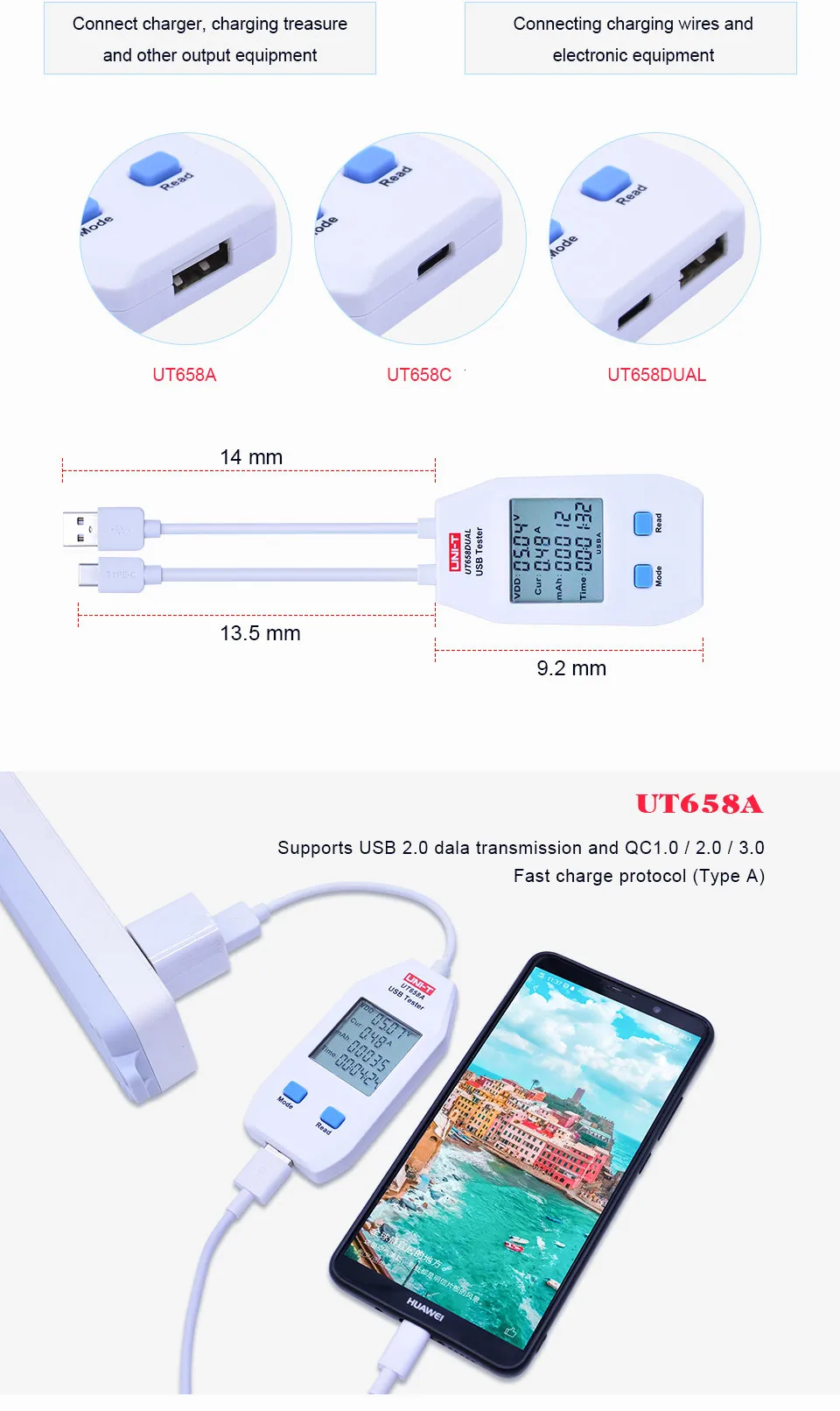 USB тестер UNI-T UT658A/C/двойной Напряжение и ток мониторы вольт ампер цифровой продукт зарядное устройство Емкость метр с хранения данных