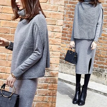 

Autumn Winter Women Loose Fashion Cape Two Piece Suit Female Cloak Turtleneck Elegant Long Sleeve Knit Dress Sweater Suit