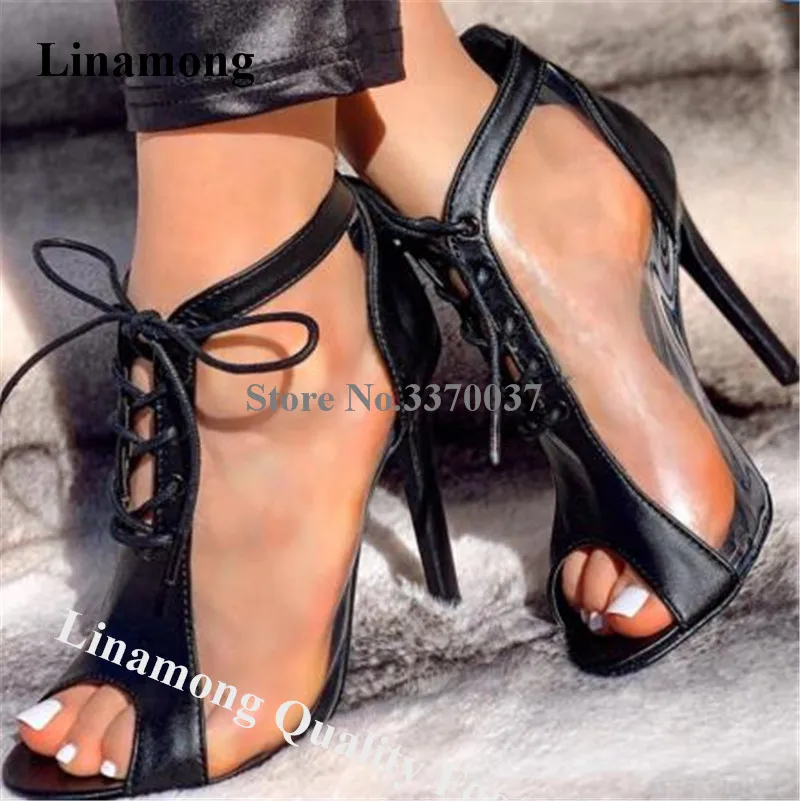 

Linamong Fashion Peep Toe PVC Patchwork Stiletto Heel Short Gladiator Boots Lace-up Transparent High Heels Ankle Booties