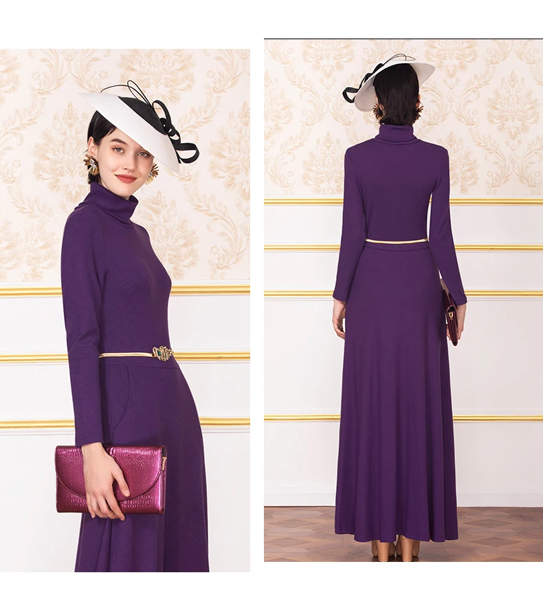 Vintage Autumn Winter Maxi Long Dress Purple Slim Fit Long Sleeve Knitted Turtleneck Office Lady Dresses Plus Size M-3XL
