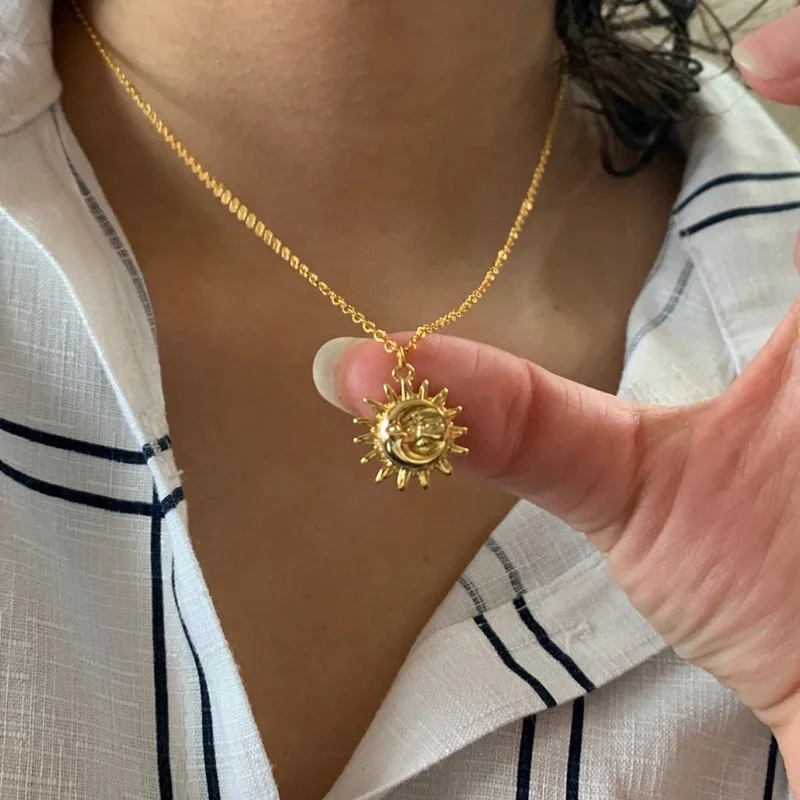 Bohemian Moon and Sun Face Pendant Necklaces For Women Men Jewelry