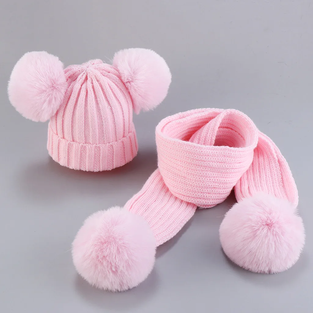 Children Hat Scarf 2Pc Cute Pompom Baby Cap Beanie Autumn Winter Warm Knitted Girls Snow Outdoor Bonnet 0-2 Years Freeshipping