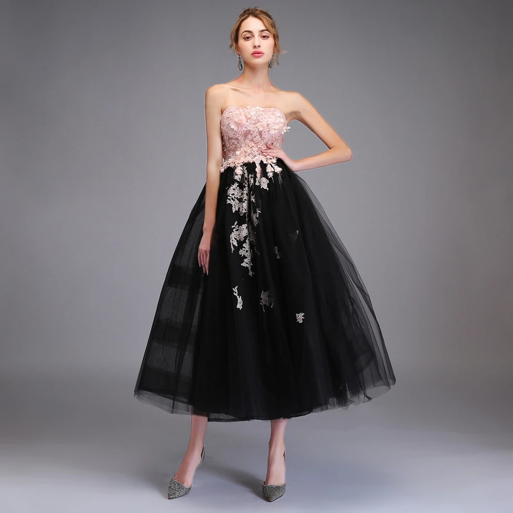 Женское вечернее платье без бретелек SSYFashion розовое с черным рукавов кружевной