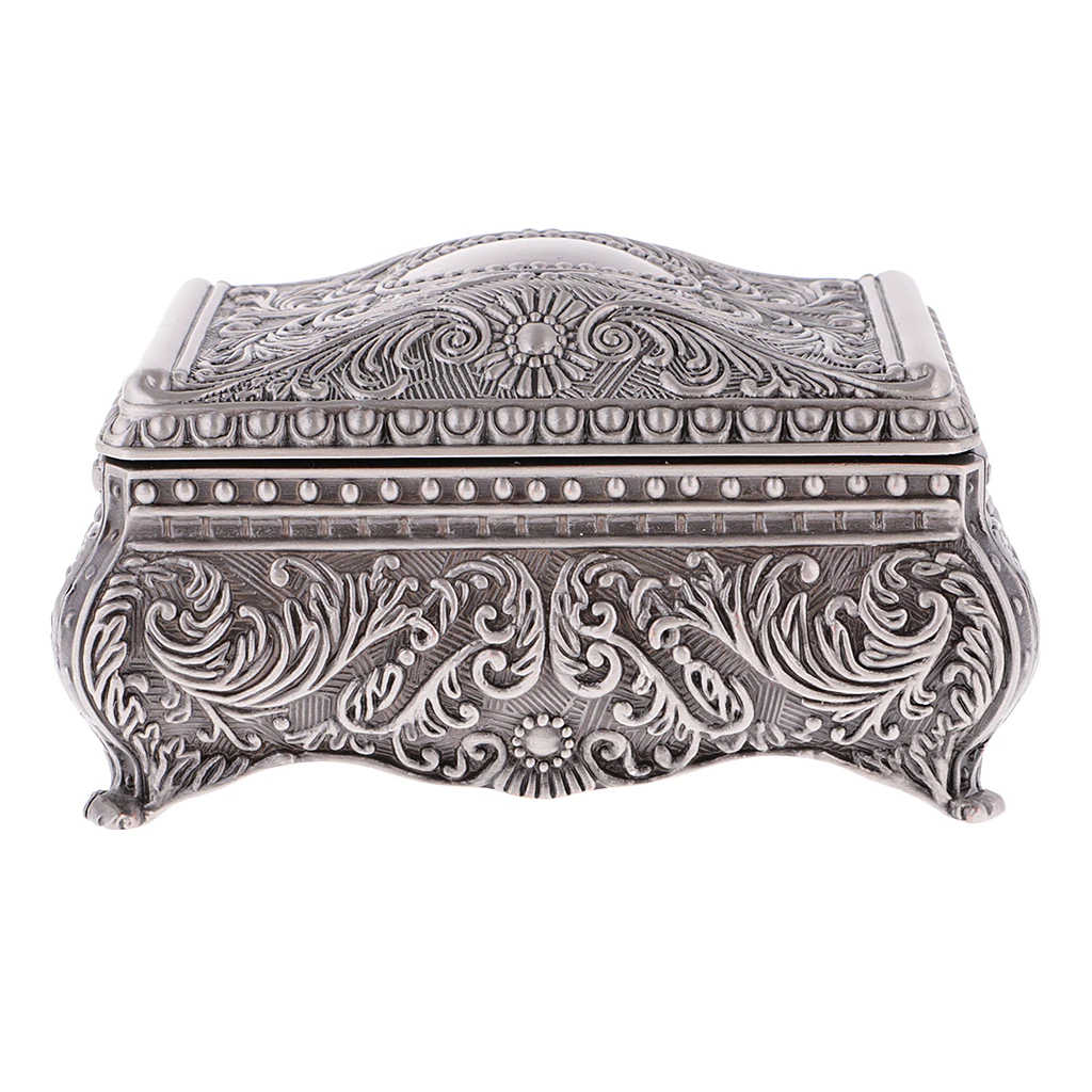 

Antique Rectangle Jewelry Box Flower Sculpture Trinkets Chest Jewelry Case with Black Velvet Interior Protection