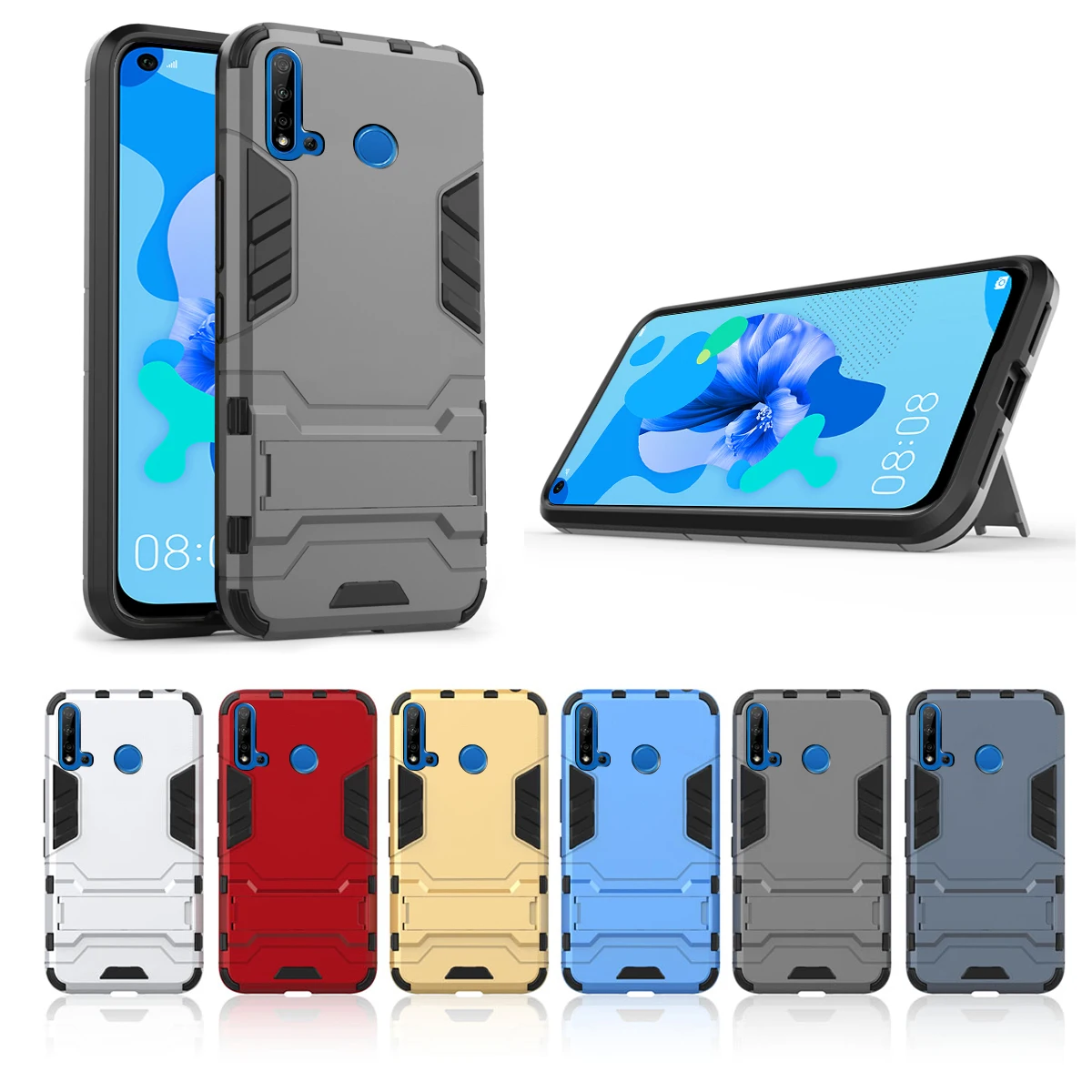 Для huawei P20 Lite Nova 5i Nova 5 Pro задний Чехол с двойным слоем ТПУ+ pc Гибридный чехол противоударный защитный чехол с подставкой - Цвет: Grey