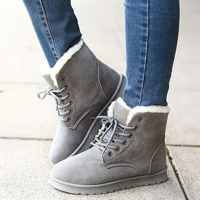 US $8.24 Women Winter Boots Lace-Up Ankle Snow Boots Female Warm Sneakers Fur Booties Plush Insole Botas Muj