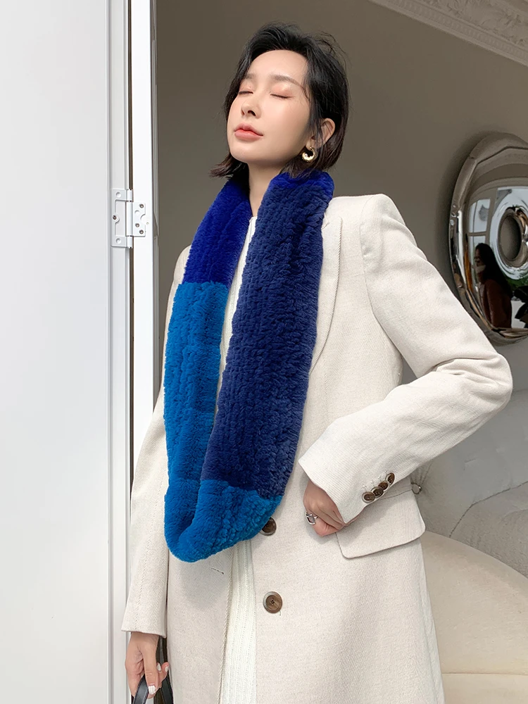 Vrouwen Real Rex Rabbit Fur Winter Sjaal Gebreide Chunky Dames Sjaals Blauw Wraps|Sjaal - AliExpress