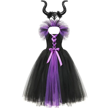 

Girls Halloween Costume Maleficent Evil Queen Dress with Devil's Horn Child Cospay Party Dress up Witch Black Gown Tutu Dresses