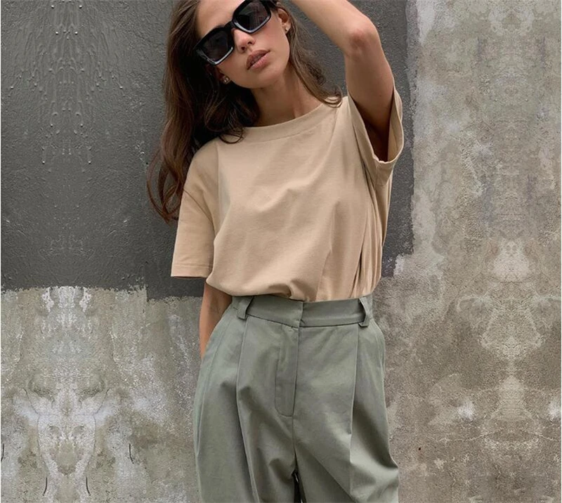 Hirsionsan Basic Cotton T Shirt Women Summer New Oversized Solid Tees 7 Color Casual Loose Tshirt Korean O Neck Female Tops