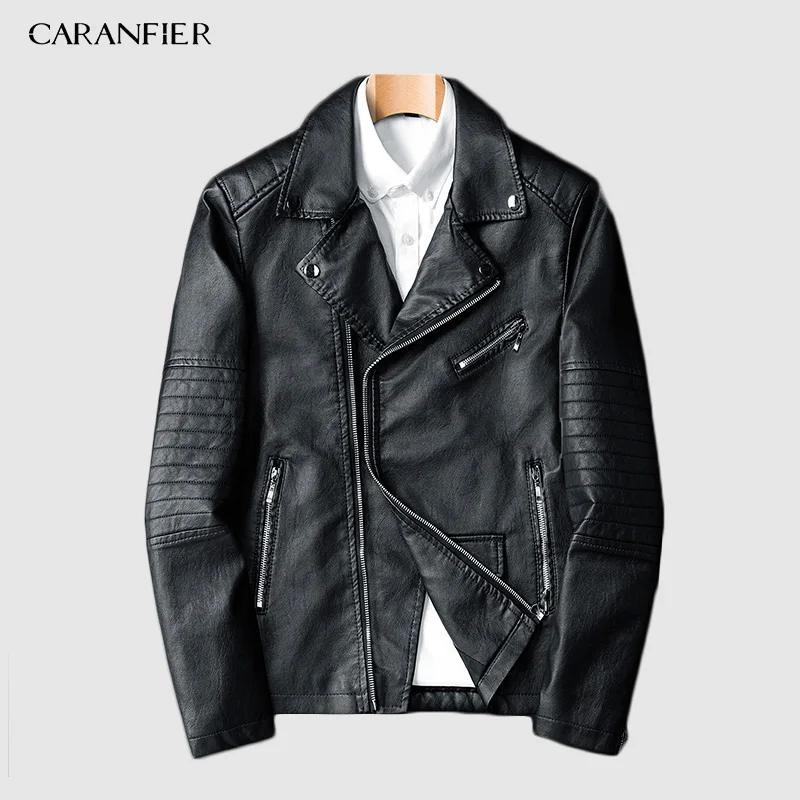 CARANFIER Новое поступление мотоциклетная кожаная куртка Мужские кожаные куртки модные уличные стильные мужские кожаные пальто - Цвет: Черный