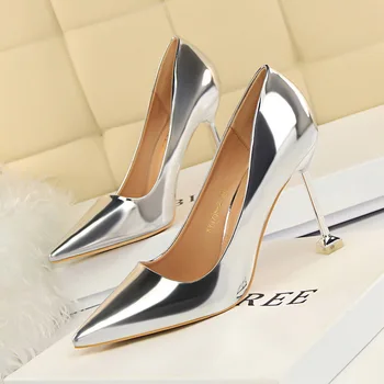 

2020 New Woman 10CM High Heels Shoes Female Stiletto Bright Gold Silver Party Leather Glitter Escarpins Valentine Cute Pumps
