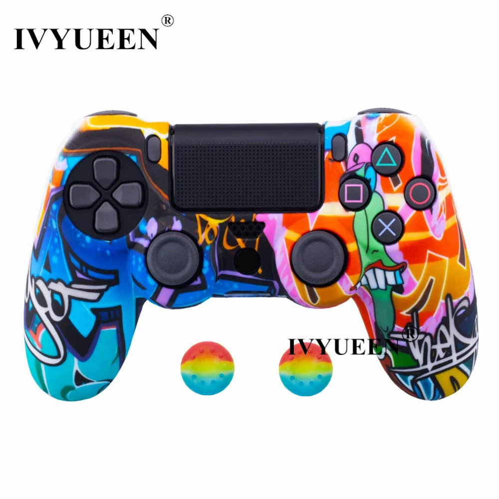 Силиконовый Камуфляжный защитный чехол IVYUEEN для sony Dualshock 4 PS4 DS4 Pro, тонкий контроллер, палочки для большого пальца, ручки, колпачки - Цвет: Graffiti B