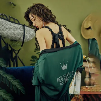 

Green Backless Robe Set Women 2PCS Sleepwear Satin Nighty&Robe Suit Female Kimono Gown Lace Patchwork Home Clothes