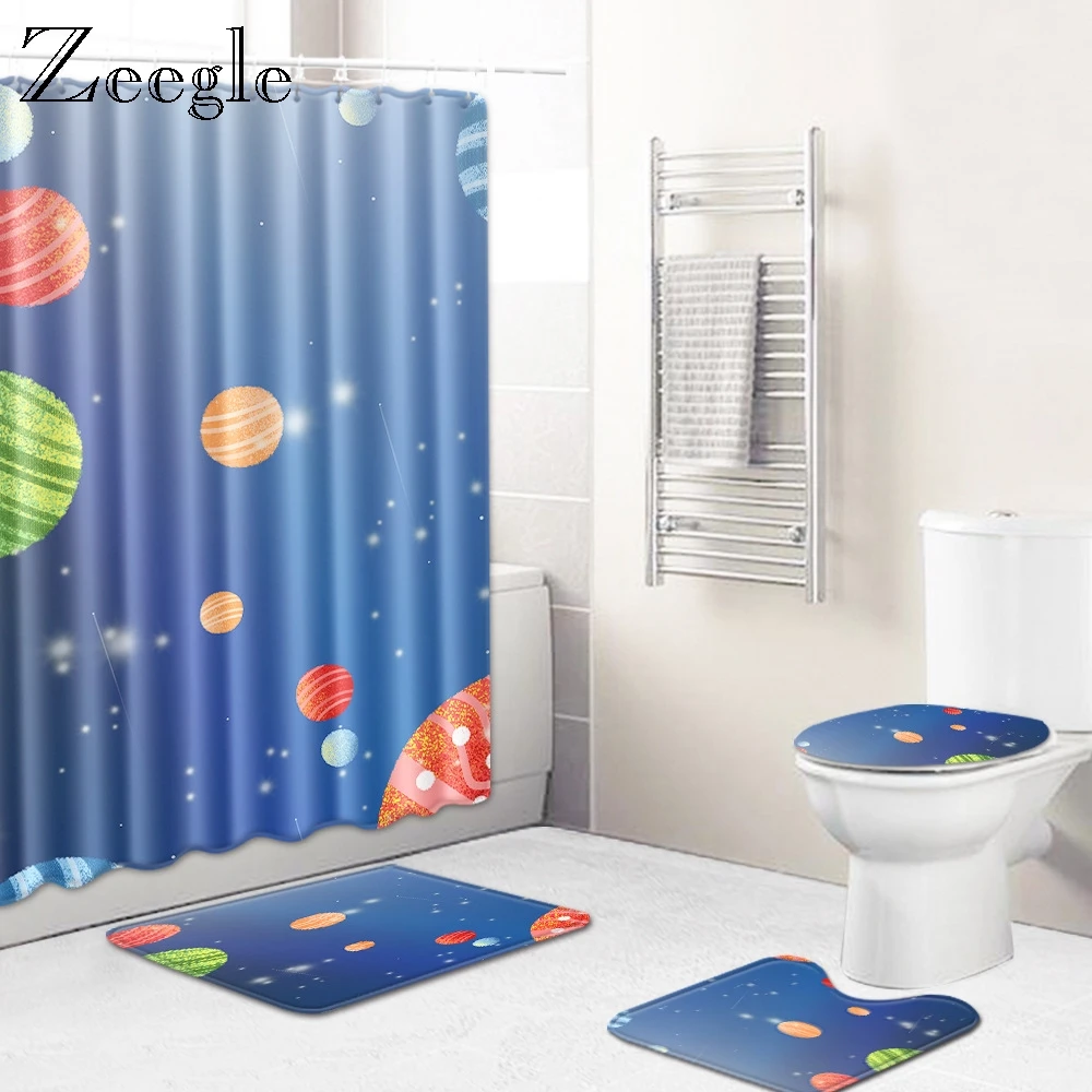 Zeegle Bathroom Mat Set with Shower Curtain Washable Bath Shower Curtain and Hooks Toilet Seat Cover Dustproof Shower Room Rug