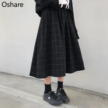 

20202 colors japanese style high elastic waist Long Skirts Woman 2019 autumn winter plaid A-line pleated Skirts womens (X1078)