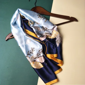 

Women 90 * 90cm Printed Silk Scarf Emulation Silk Soft Shiny Flower Bird Pattern Ladies Square Headband Scarf Female 2020 Spring