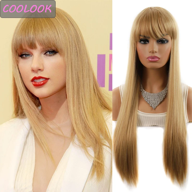 

Honey Blonde Straight Women's Wigs with Bangs 26 Inch Long Golden Heat Resistant Synthetic Wig 613 Blonde Wig Cosplay Party Hair