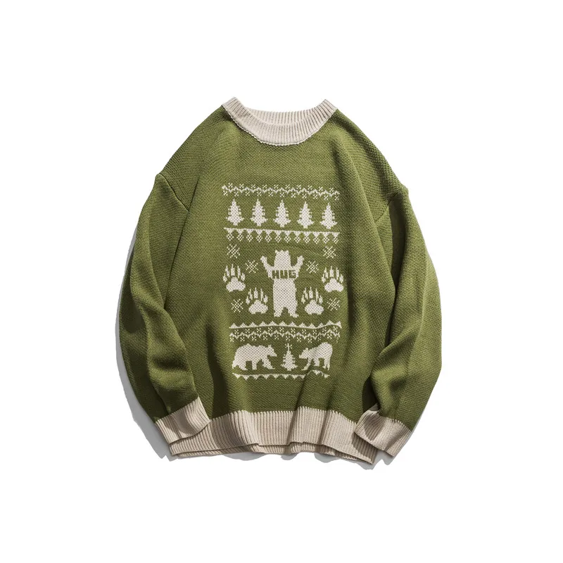 Drak Icon Свободный вязаный свитер с круглым вырезом и рисунком медведя для мужчин Зимний модный Рождественский свитер Мужская одежда - Цвет: green sweater