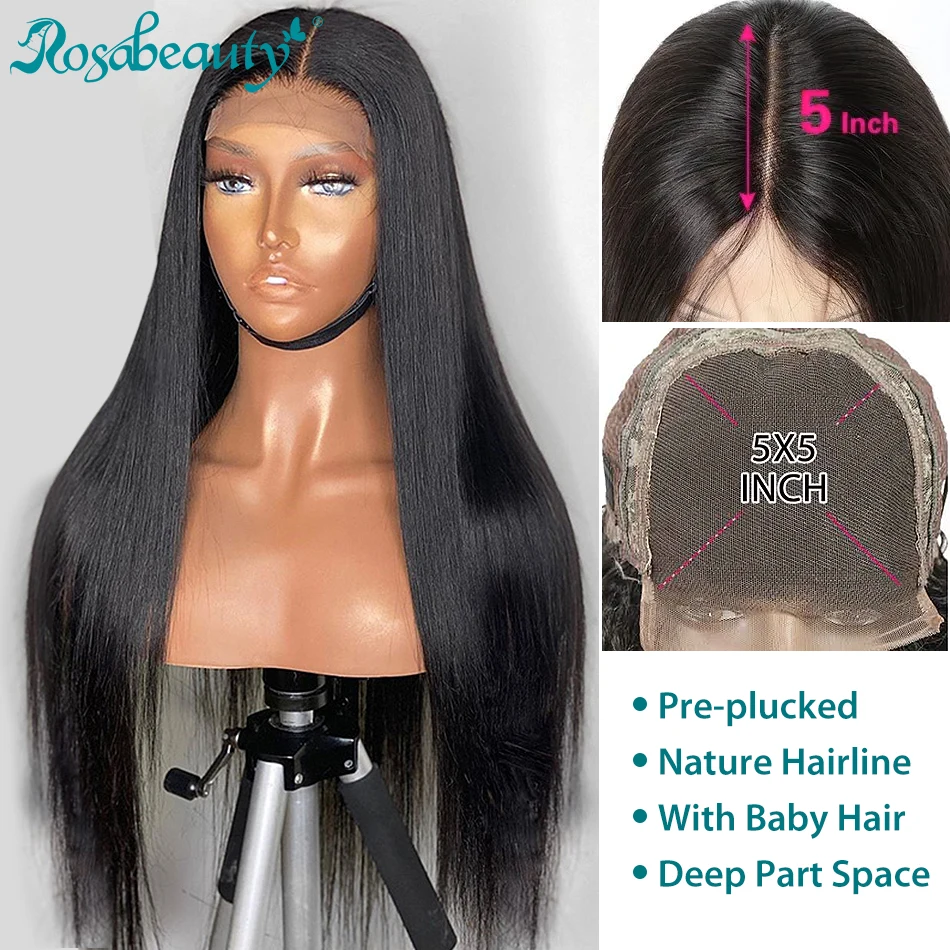 

Rosabeauty Peruvian 4x4 5x5 6x6 Closure Lace Front Human Hair Wigs Pre Plucked With Baby Hair Straight Lace Frontal Wig