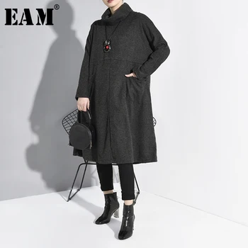 

[EAM] Women Vent Split Pocket Split Big Size Dress New Turtleneck Long Sleeve Loose Fit Fashion Tide Spring Autumn 2020 A785