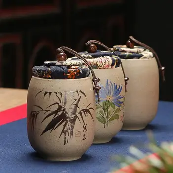

Chinese Style Coarse Pottery Hand Painting Tea Jar Storage Container Quaint Cloth Lid Sealed Canister Coffee Sugar Can Gift
