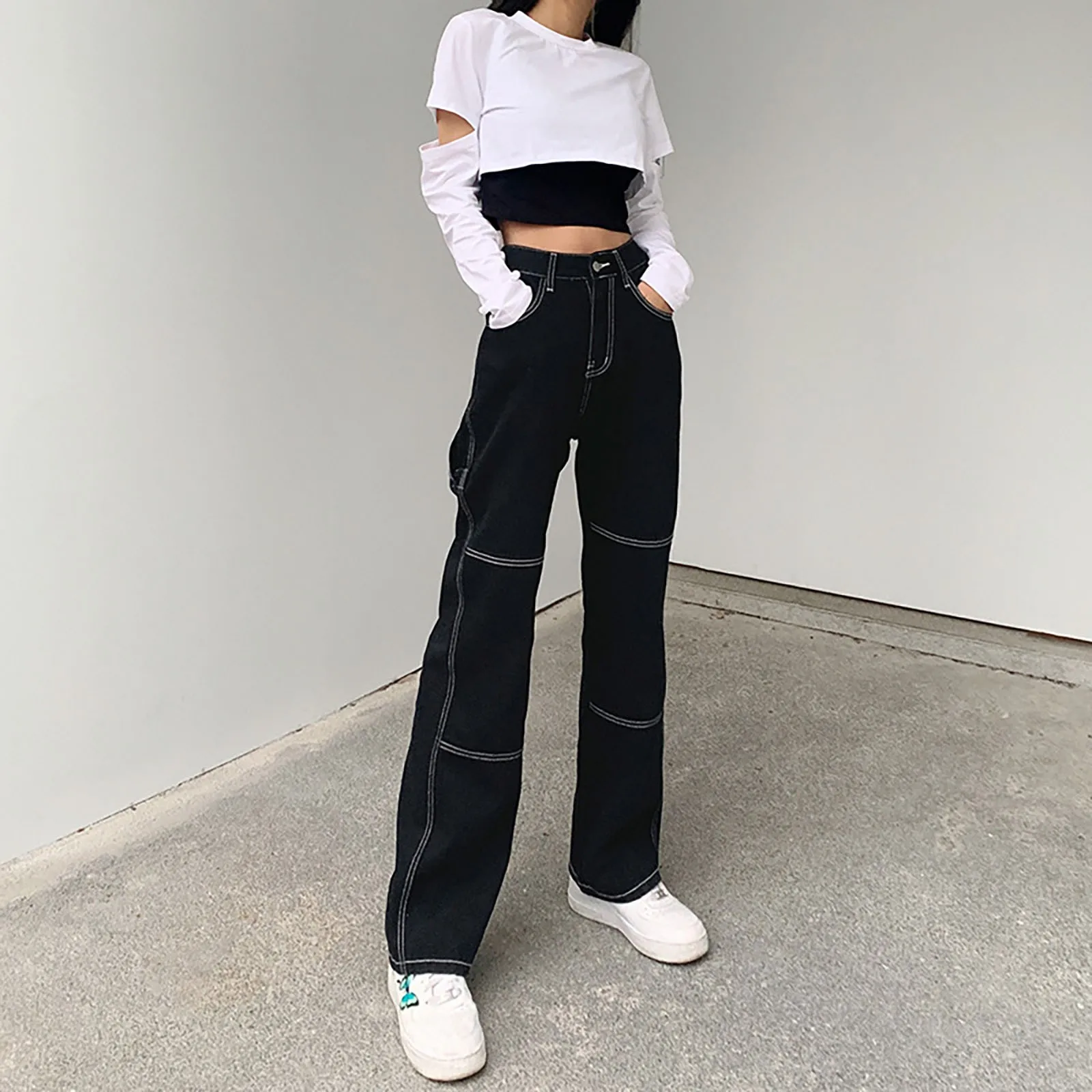 2021 Women's Stitching High Waist Loose Jeans With Pockets Fashion Straight Trousers Casual All-match Jeans Штаны Fast Shipping 2