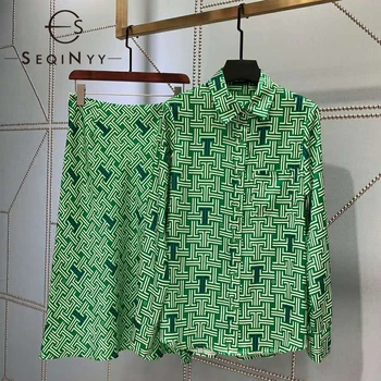 

SEQINYY Green Suit 2020 Summer Spring New Fashion Design Shirt + A-line Midi Skirt Geometry Print Casual Set Elegant