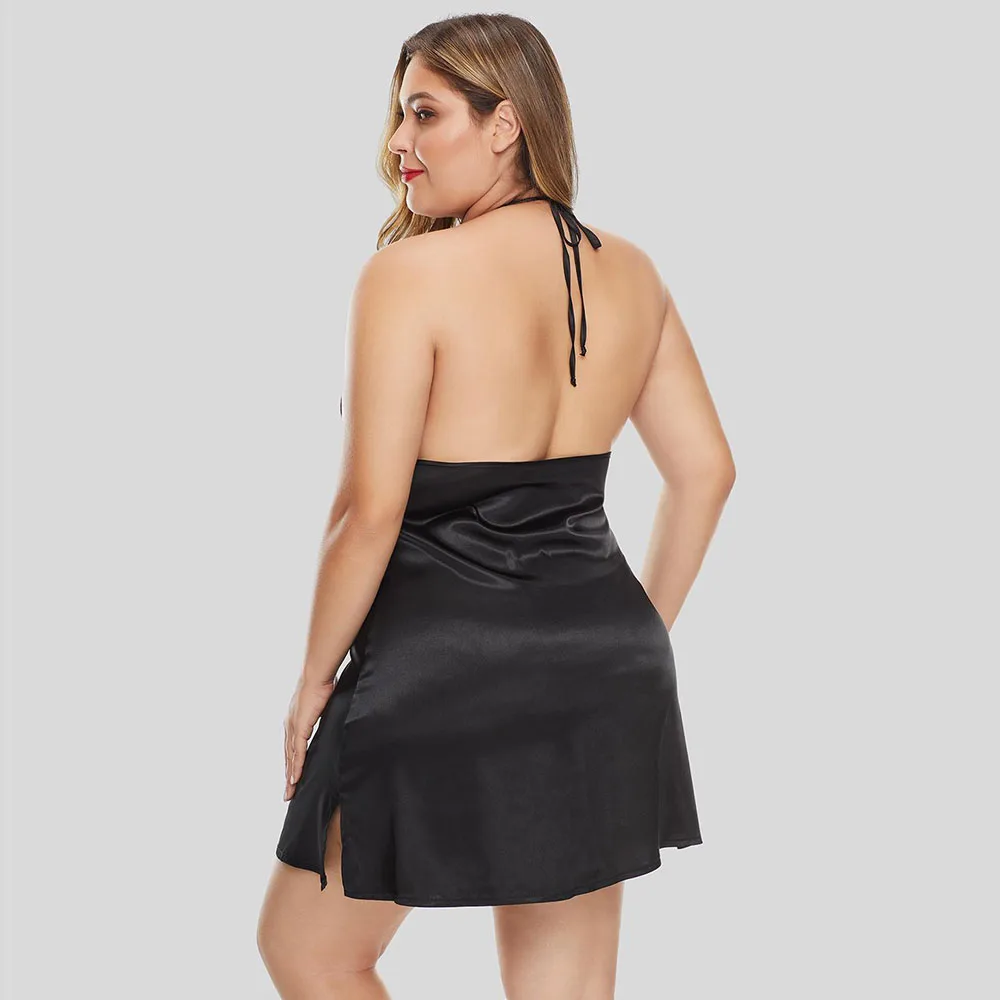 SEBOWEL Womans Plus Size Halter Neck Floral Lace Backless Silk Satin Lingeries Female Black/Red Patchwork Babydoll Nightdress