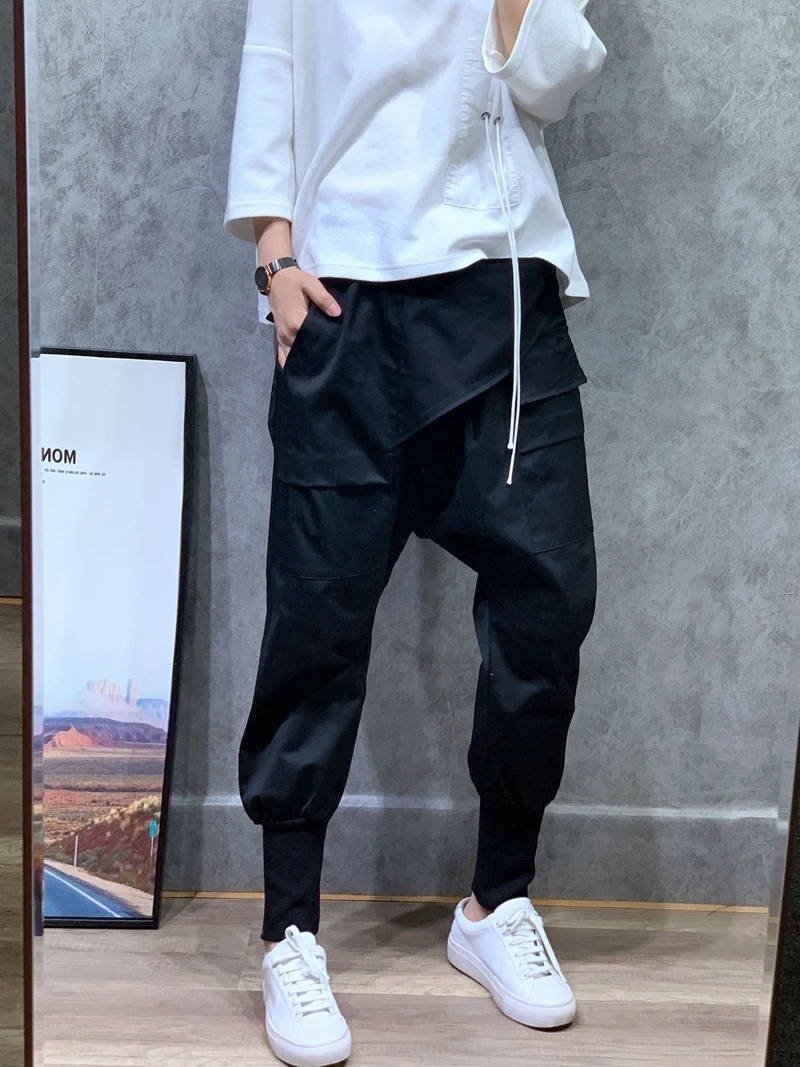Женские Черные Мешковатые низкие брюки со стрелкой штаны карго с карманами шаровары в стиле хип-хоп брюки японский стиль хип-хоп Уличная бойфренд джоггеры