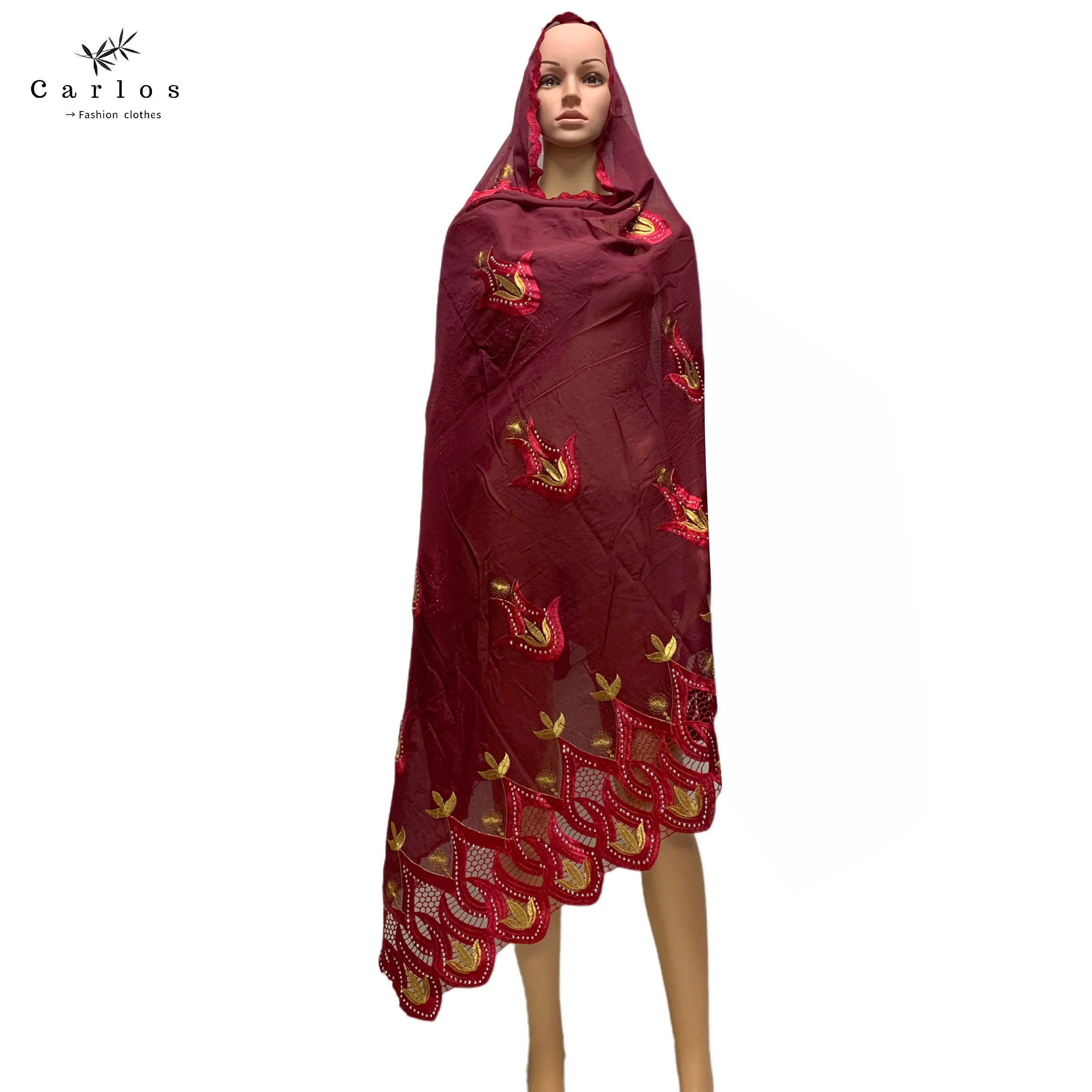 

Hot Sale African Muslim Women Scarfs Big Circle Design Big Embrodiery Cotton With Grenadine Big Scarf for Shawls Pashmina