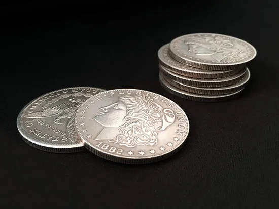 Tanie Morgan Dollar powłoki i monety zestaw (5 monet + 1 głowy powłoki + 1 ogon powłoki) monety magiczne sztuczki bliska magiczne iluzje sztuczka Prop