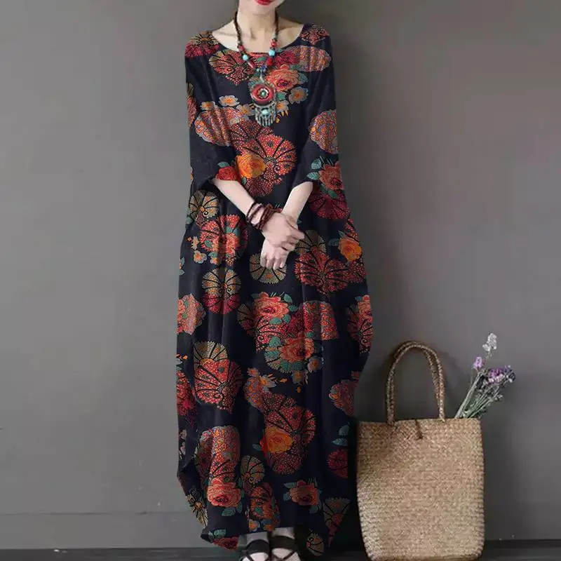 ZANZEA Vintage Printed Maxi Long Dress Women Sundress Casual Long Sleeve Kaftan Dresses Female Baggy Floral Vestidos Plus Size 7
