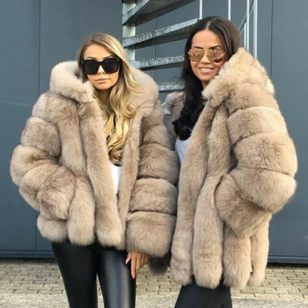 Medium Length Real Fox Fur Jacket with Hood Thick Warm Fur Overcoat Luxury Women Winter New Genuine Fox Fur Coats Female Outwear