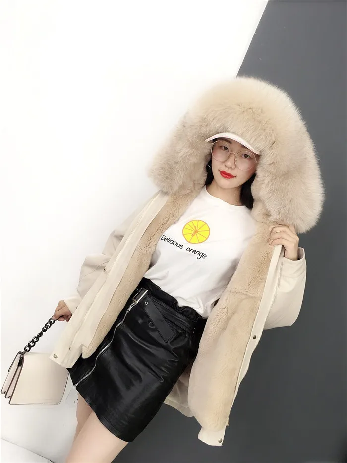 Back flowers embroidery letter real fur parka coat women thick rabbit fur lined short winter jacket real fox fur collar hood