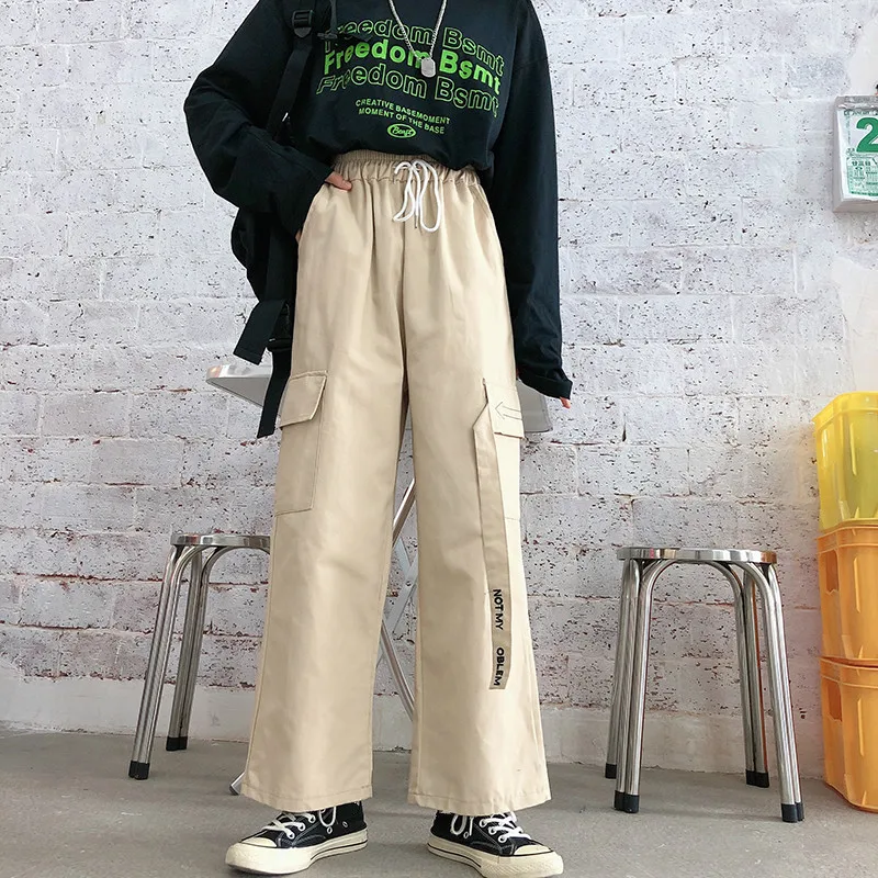 Woherb Harajuku BF модные широкие брюки с высокой талией, женские свободные прямые брюки с карманами, женская уличная одежда в стиле хип-хоп 91424