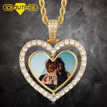 

Hollow Heart Custom Photos Rotating Double-side Memory Medallion Solid Pendant Necklace Zircon Tennis Women Men Hip Hop Jewelry
