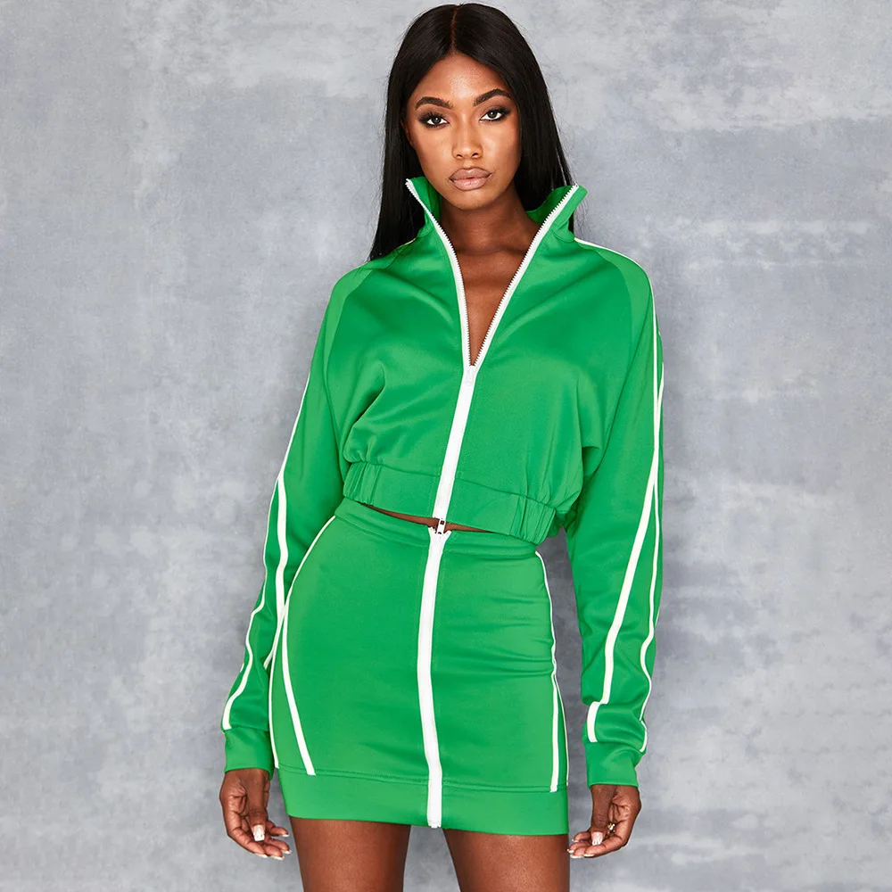 

Russia Free shipping Fashion Jacket and hip skirt casual suits with collar zipper and color collision in autumn in Euro-American