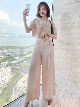 

Stylish Three-dimensional Beaded Decoration with Rotator Cuff Loose Top + Striped Wide Leg Pants Suit Women's Fashion Summer New