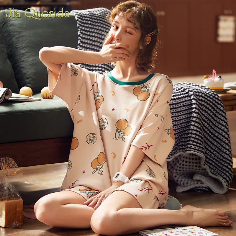 2020 Soft Pjs Women Spring Sleepwear Crew Neck Short Sleeve Short Pants Printing Pj Set Pajamas Set Pyjamas Women Leisure Style