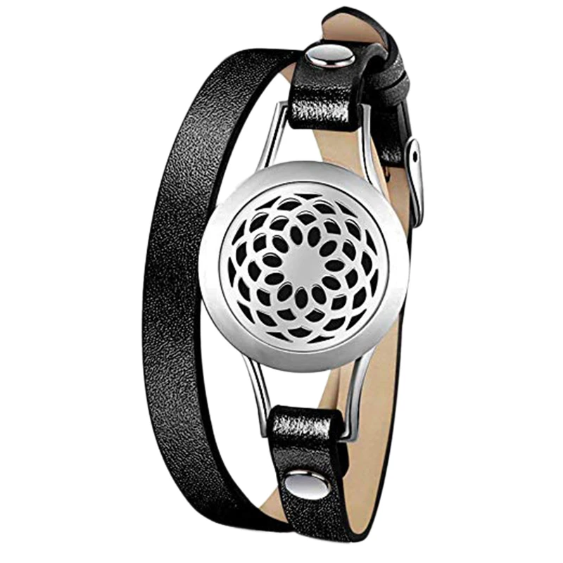 Portable Essential Oil Diffuser Bracelet Stainless Steel Aromatherapy Locket Bracelets Leather Band With 8 Color Pads Girls Wome