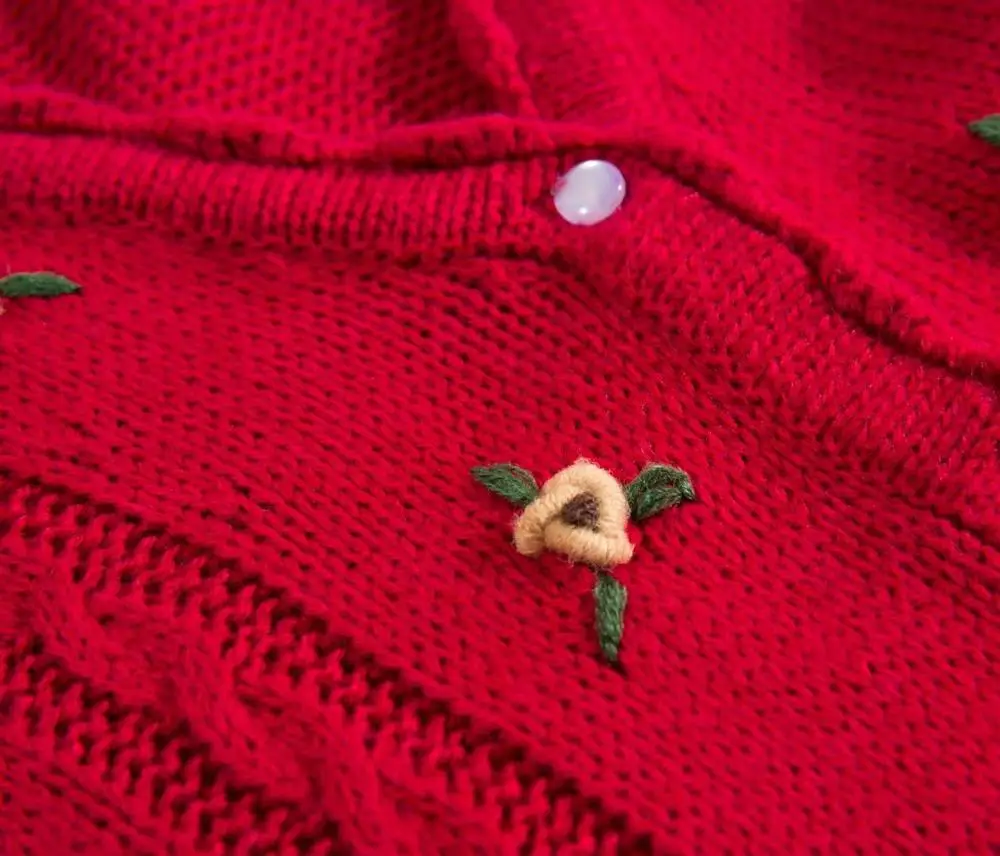 Bazaleas Винтаж свитер для женщин Франция Emile кардиганы цветочной вышивкой для женщин свитер ретро красный центральной кнопки Теплые Kintted