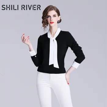 

New spring autumn designer blouse for women long sleeve casual slim girl elegant cute retro bow neck black fall shirt