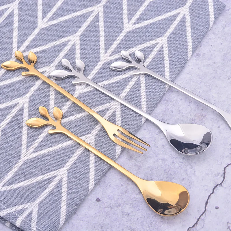 Golden Silver Leaf Spoon Stainless Steel Coffee Spoon Coffee Mixing Spoon Northern Europe Custom Gift Creative Branch Spoon
