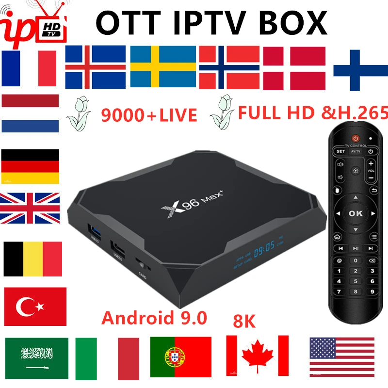 Французский IP tv box X96 MAX+ android tv box 9,0+ 8K IP tv подписка Швеция Бельгия Европа Великобритания Испания США M3U взрослый xxx smart tv box