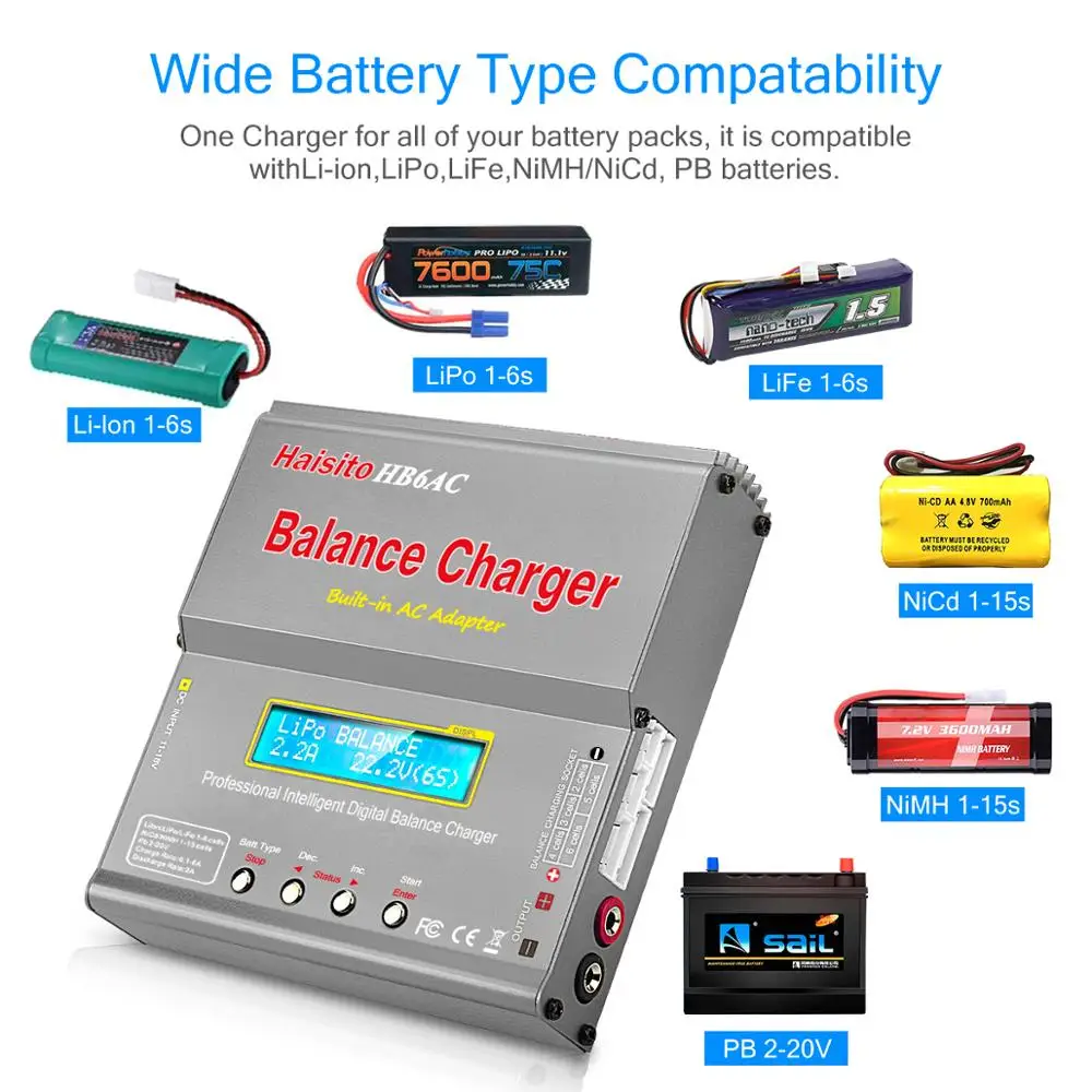 Haisito-HB6AC IMAX Lipo 충전기, 80W, 6A 내장 Ac 어댑터, lipo Li-Lon LiFe Nicd Nimh PB 배터리 밸런싱 RC 충전기용